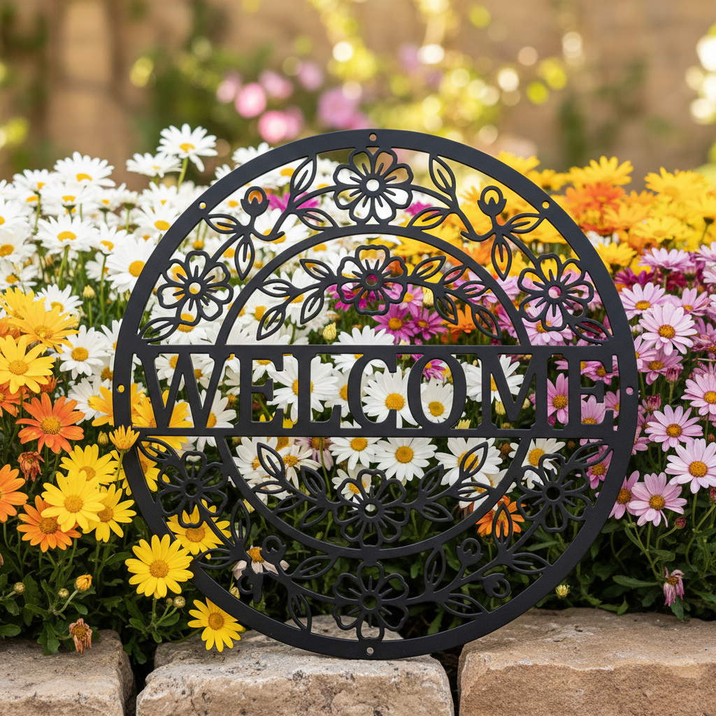 Round floral welcome metal sign with flower and leaf wreath in black steel – image 10