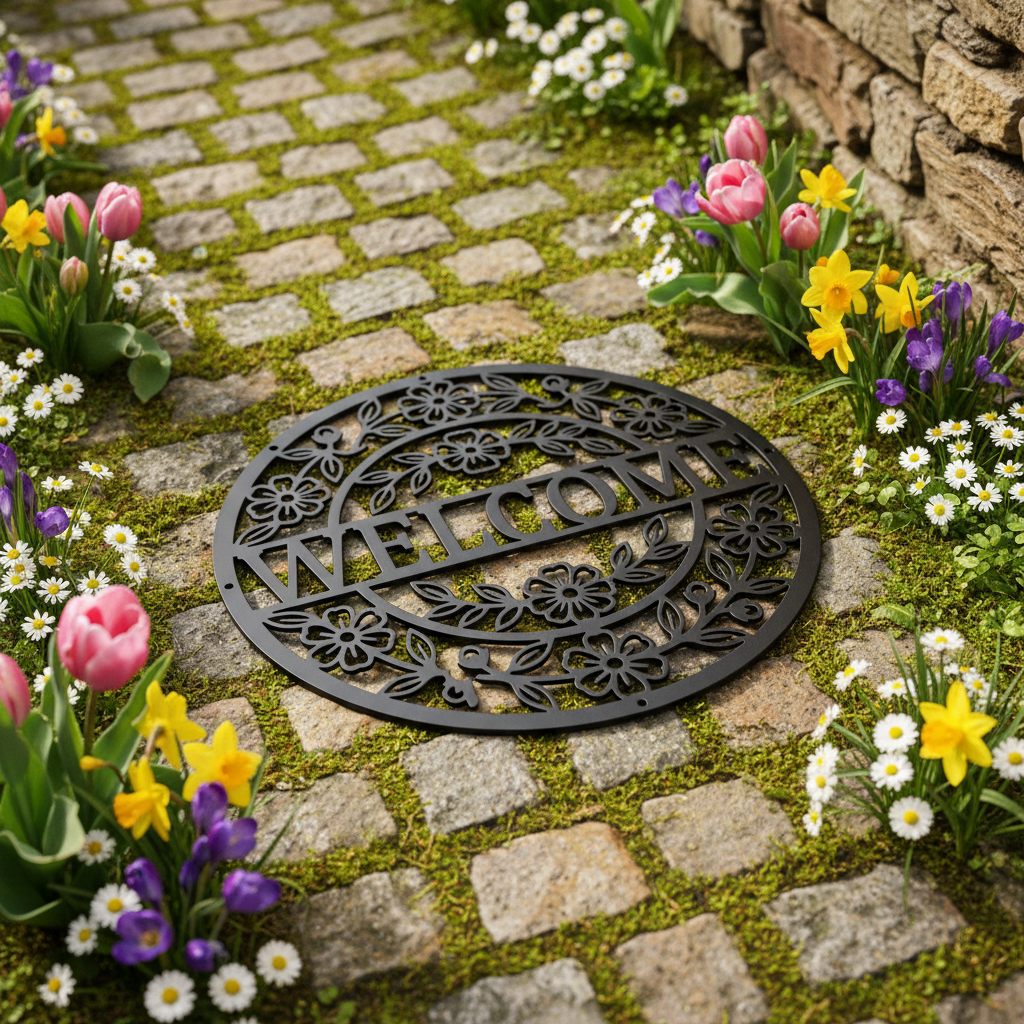 Round floral welcome metal sign with flower and leaf wreath in black steel – image 13