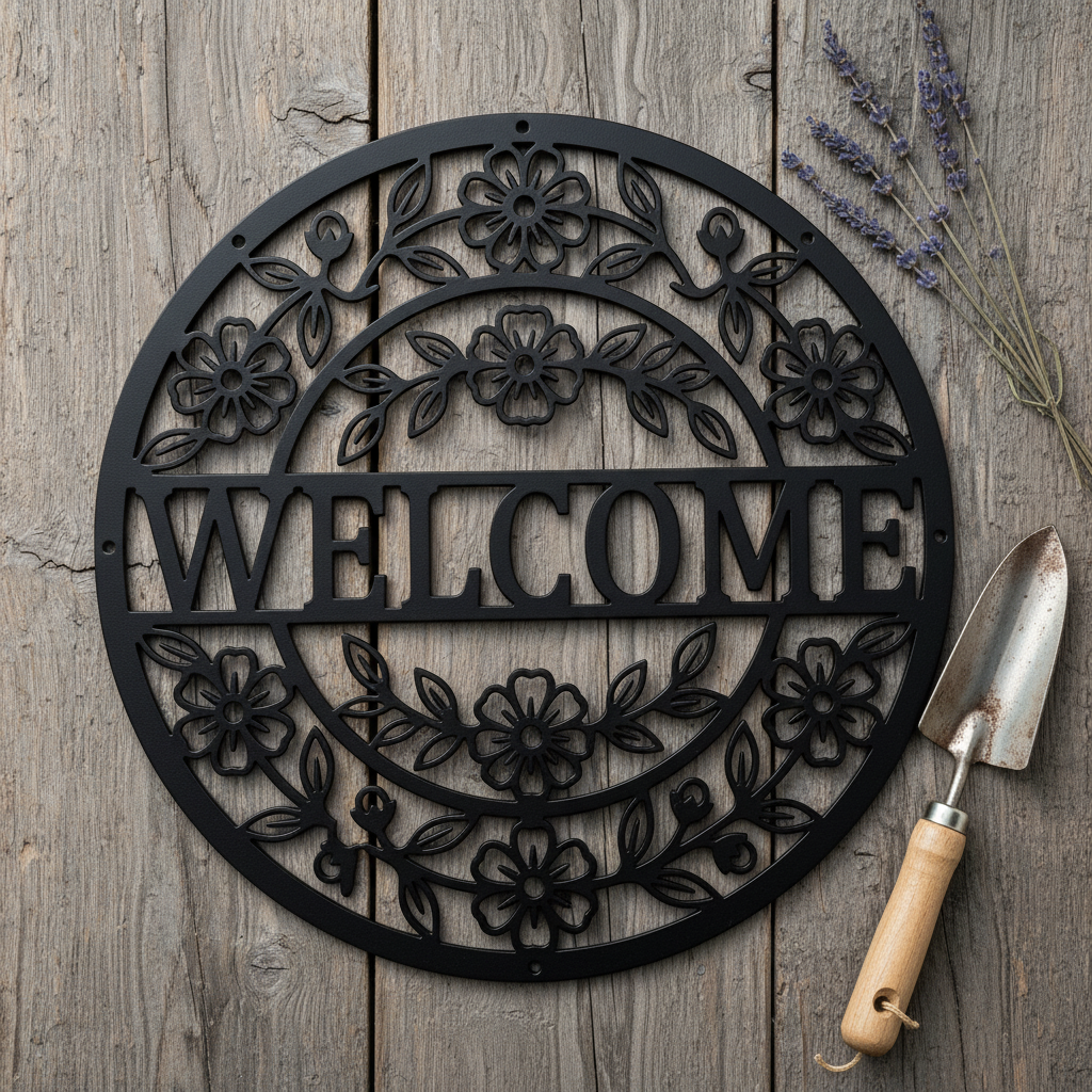 Round floral welcome metal sign with flower and leaf wreath in black steel – image 14