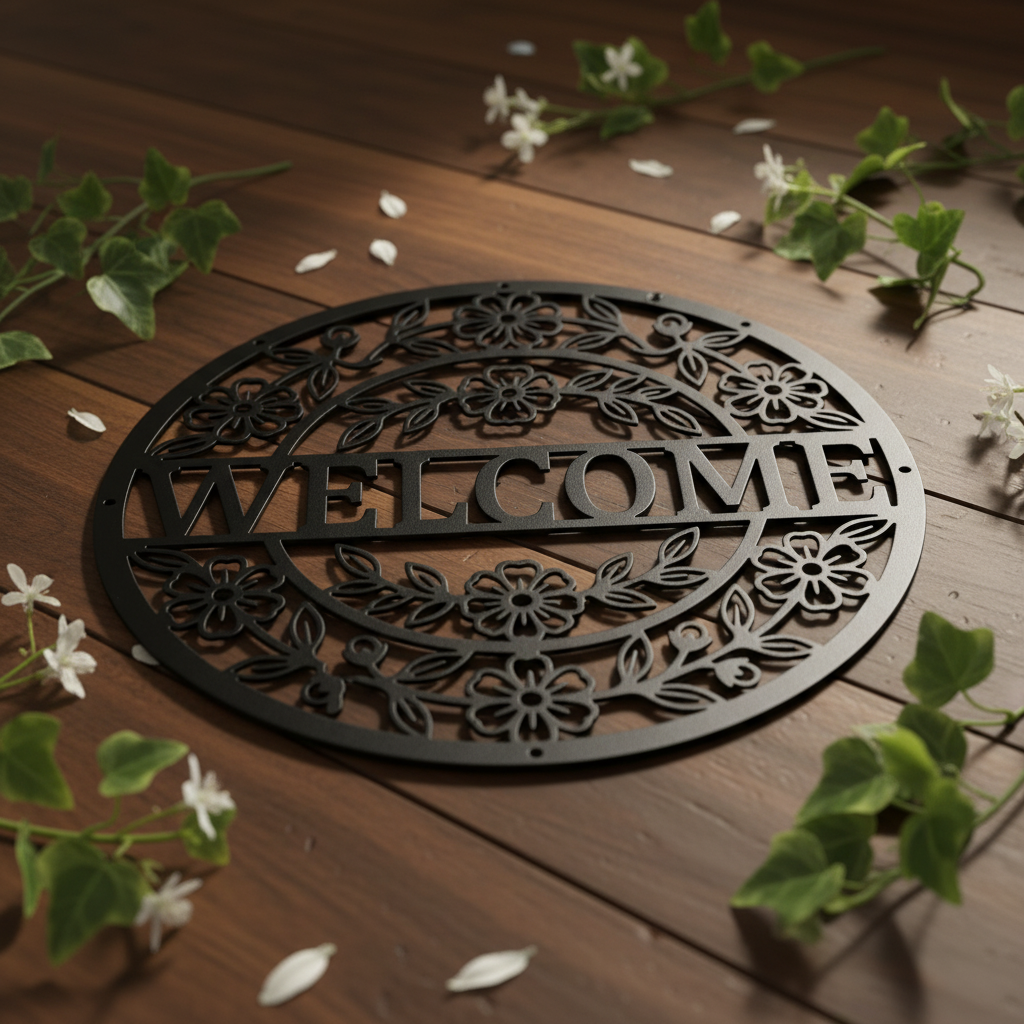 Round floral welcome metal sign with flower and leaf wreath in black steel – image 15