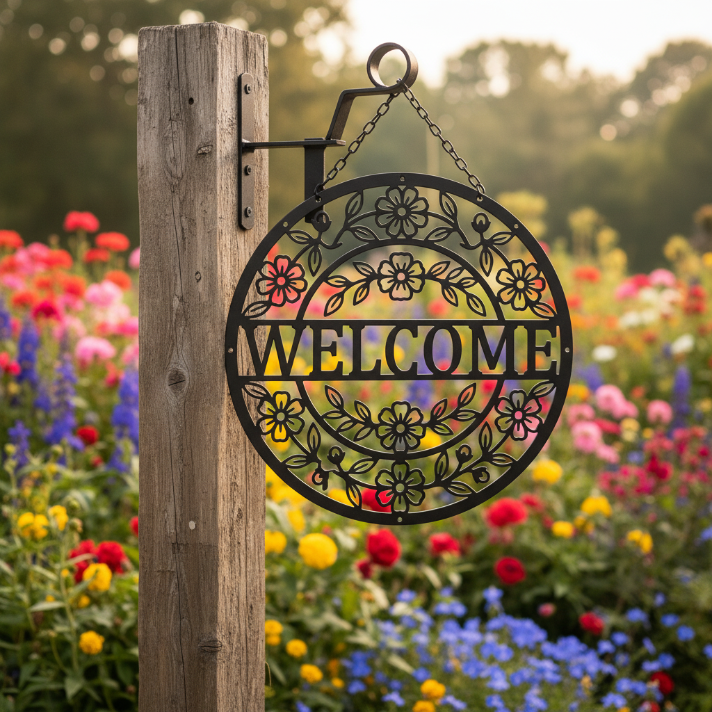 Round floral welcome metal sign with flower and leaf wreath in black steel – image 16