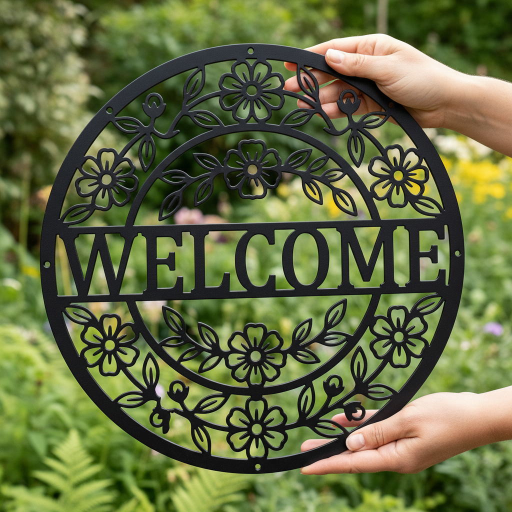 Round floral welcome metal sign with flower and leaf wreath in black steel – image 17