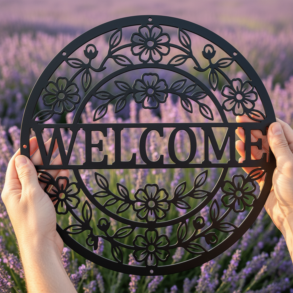 Round floral welcome metal sign with flower and leaf wreath in black steel – image 18