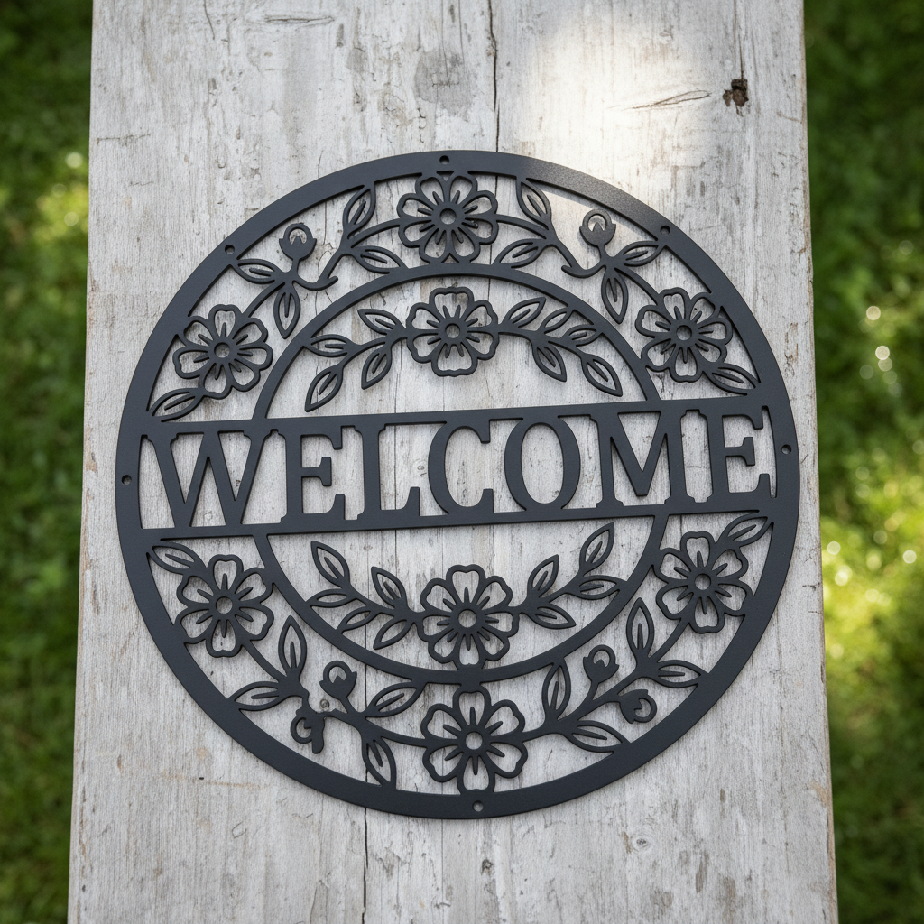 Round floral welcome metal sign with flower and leaf wreath in black steel – image 2