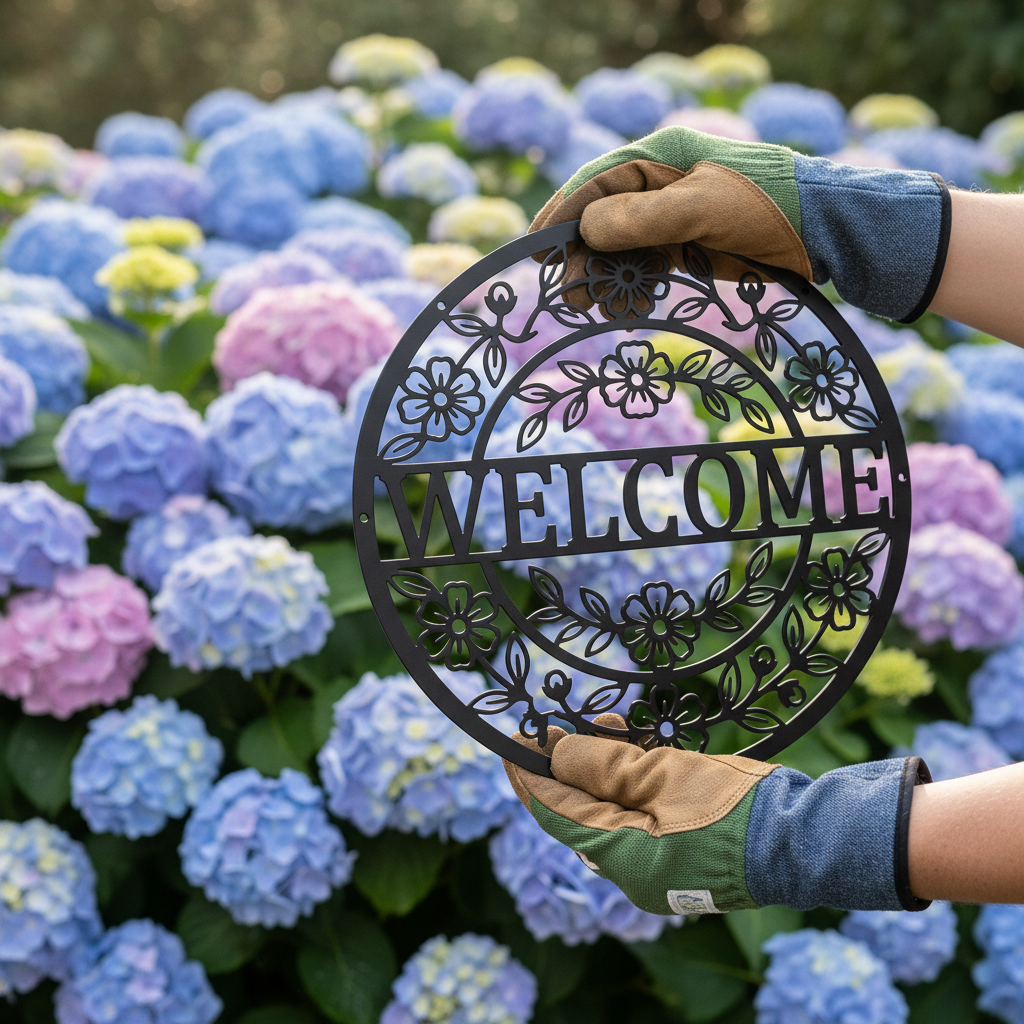 Blumen Willkommensschild rund aus Metall – Bild 5
