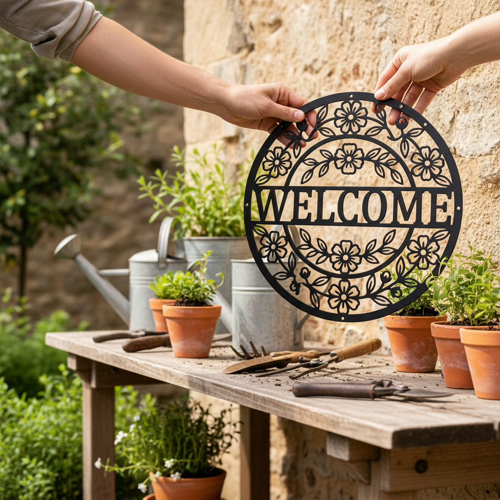 Round floral welcome metal sign with flower and leaf wreath in black steel – image 6
