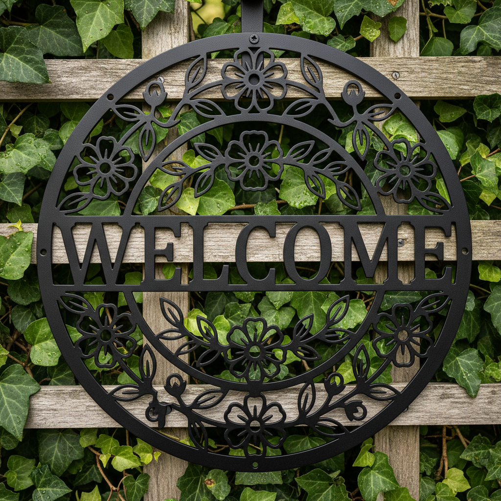 Round floral welcome metal sign with flower and leaf wreath in black steel – image 7