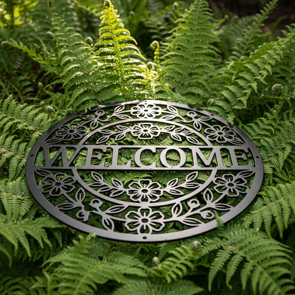 Round floral welcome metal sign with flower and leaf wreath in black steel – image 8