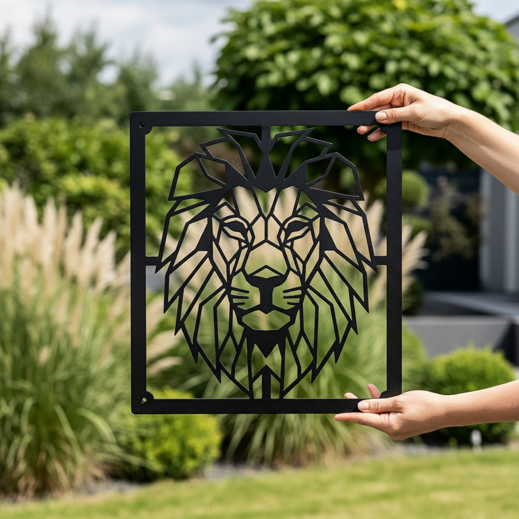 Geometric lion head metal wall art with modern line design in black steel – image 11