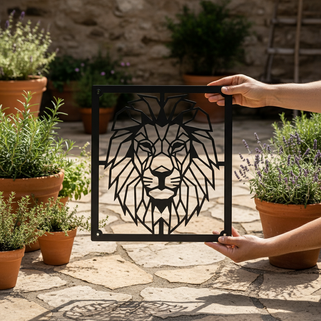 Geometric lion head metal wall art with modern line design in black steel – image 12