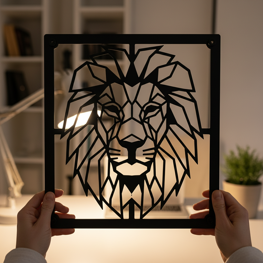 Geometric lion head metal wall art with modern line design in black steel – image 13