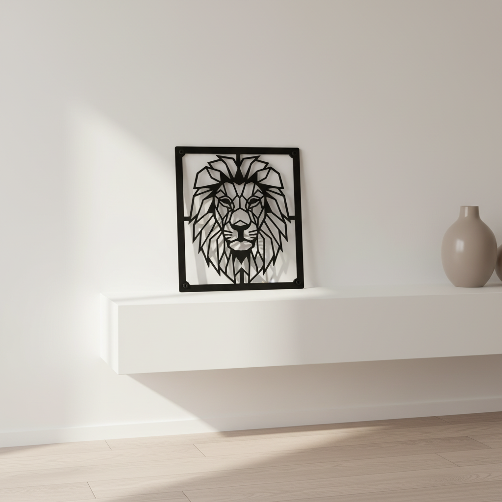 Geometric lion head metal wall art with modern line design in black steel – image 14