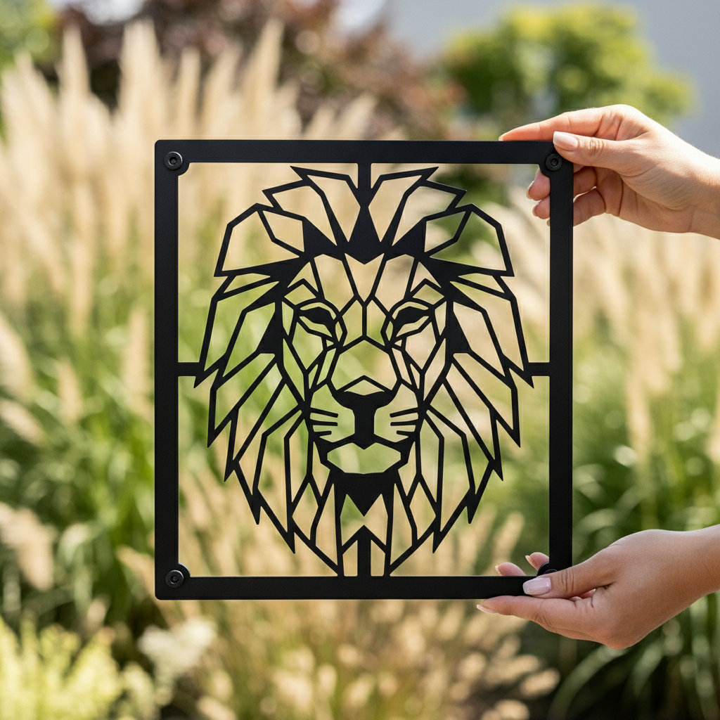 Geometric lion head metal wall art with modern line design in black steel – image 15