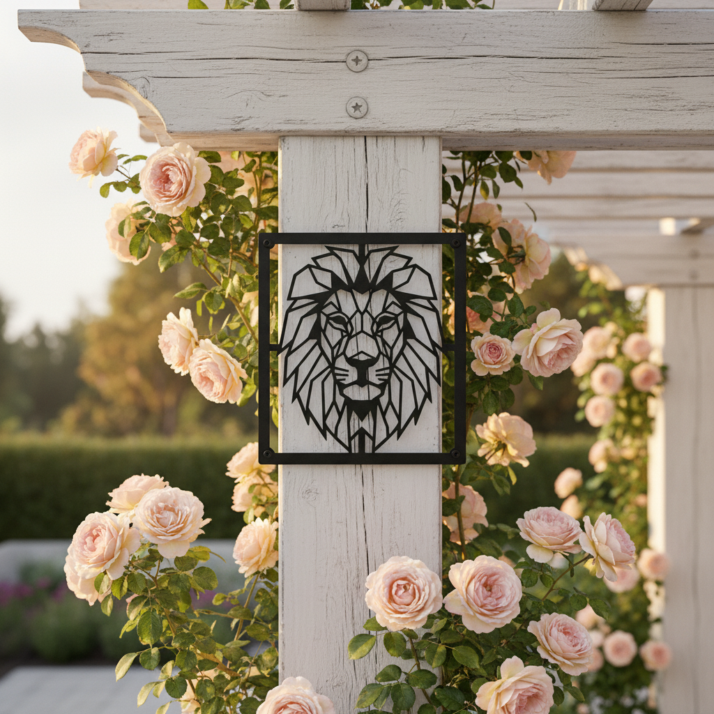 Geometric lion head metal wall art with modern line design in black steel – image 17