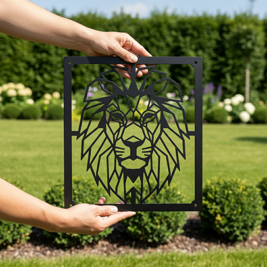 Geometric lion head metal wall art with modern line design in black steel – image 2