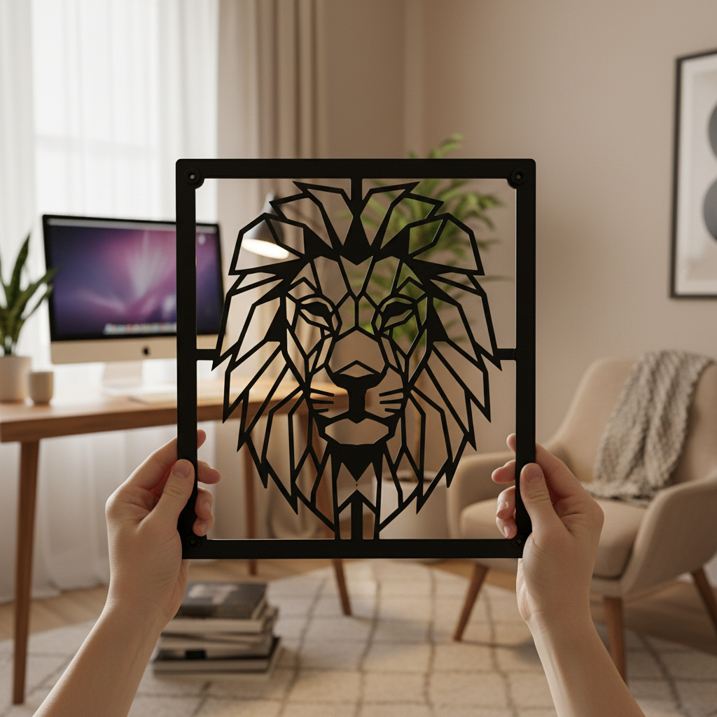 Geometric lion head metal wall art with modern line design in black steel – image 6
