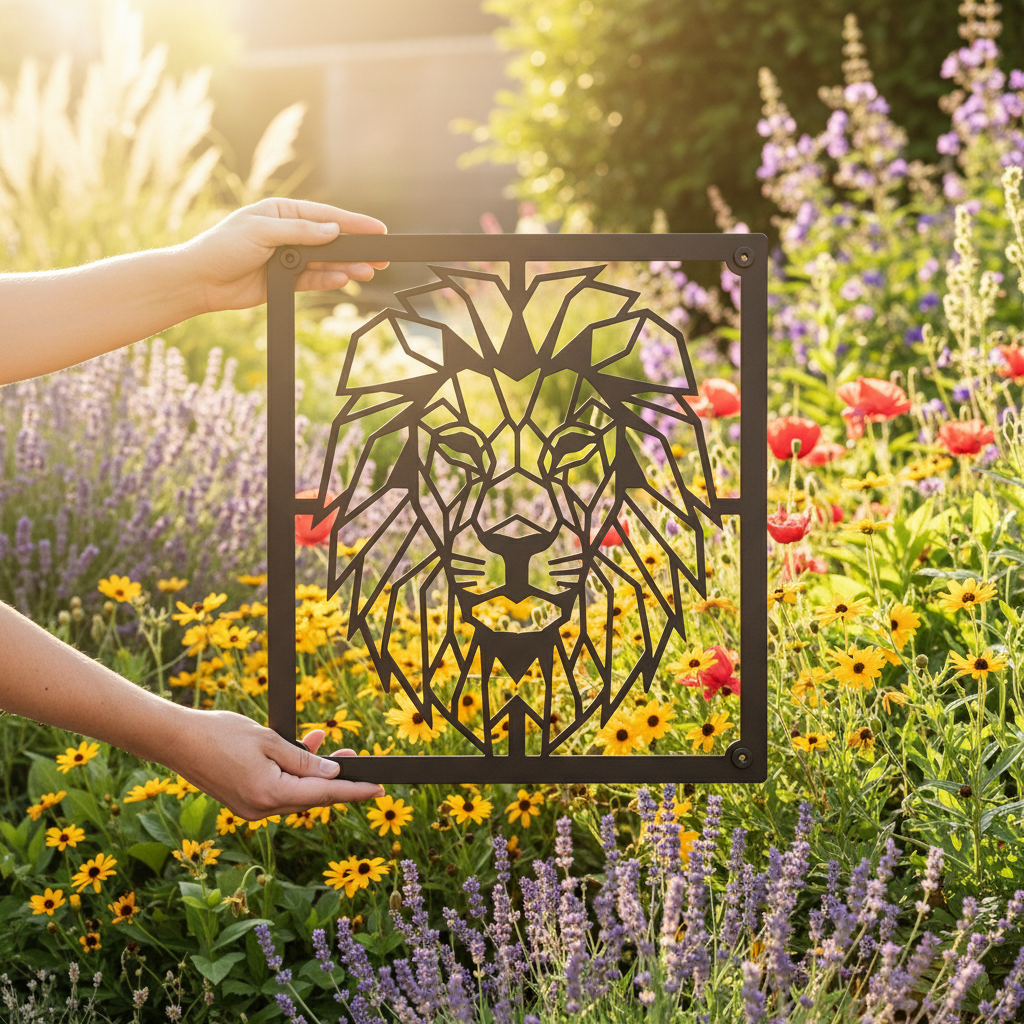 Geometric lion head metal wall art with modern line design in black steel – image 7