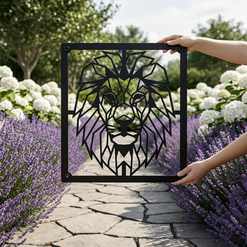 Geometric lion head metal wall art with modern line design in black steel – image 8