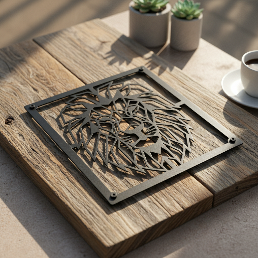 Geometric lion head metal wall art with modern line design in black steel – image 9