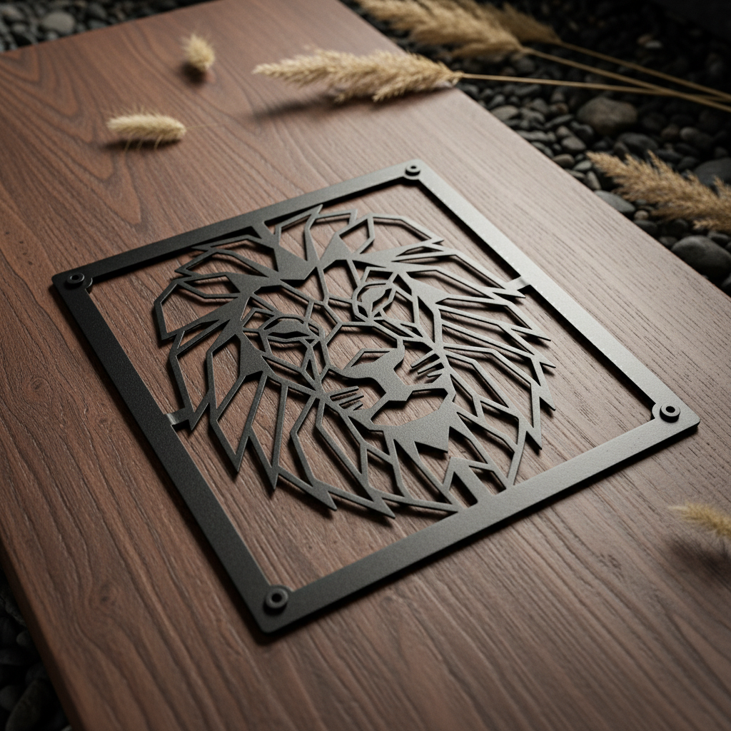Geometric lion head metal wall art with modern line design in black steel – image 10