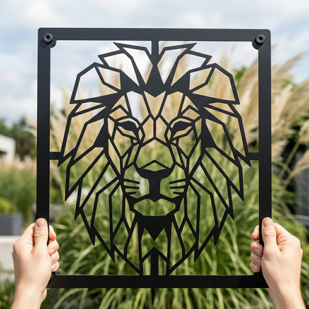 Geometric lion head metal wall art with modern line design in black steel