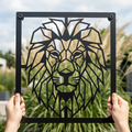 Geometric lion head metal wall art with modern line design in black steel