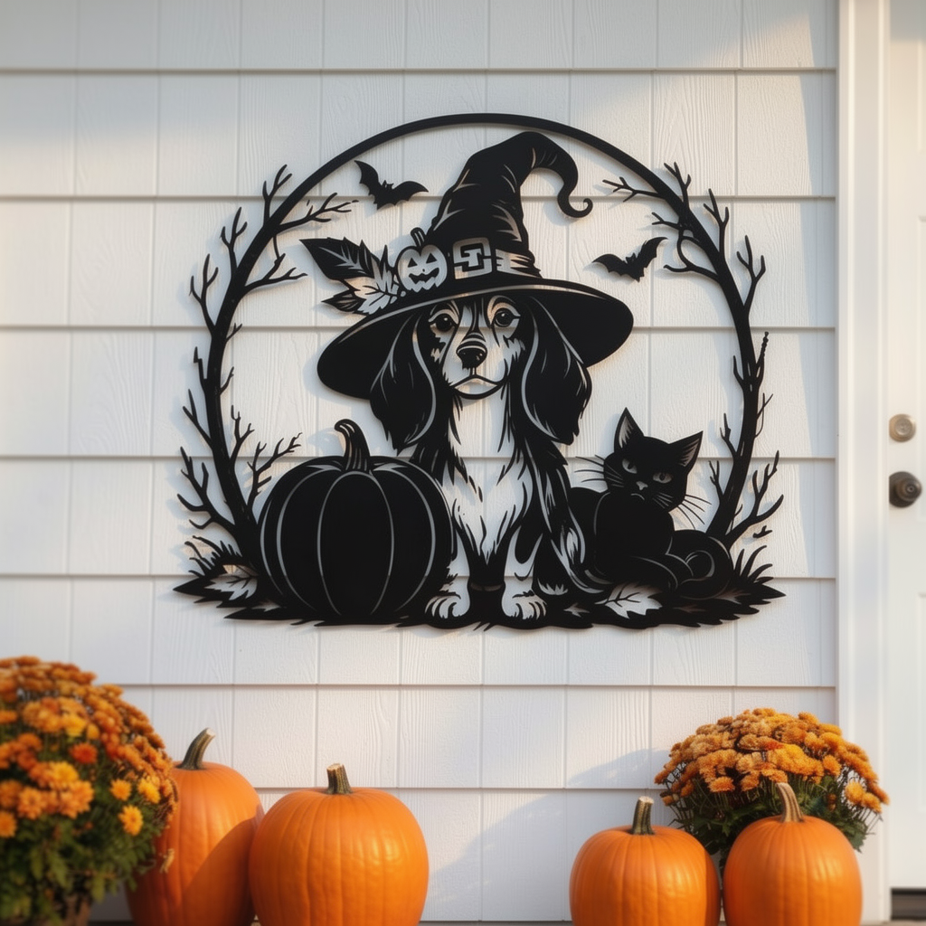 Halloween Hexe mit Hund, schwarzer Katze und Kürbis Metall Wanddeko – Bild 1