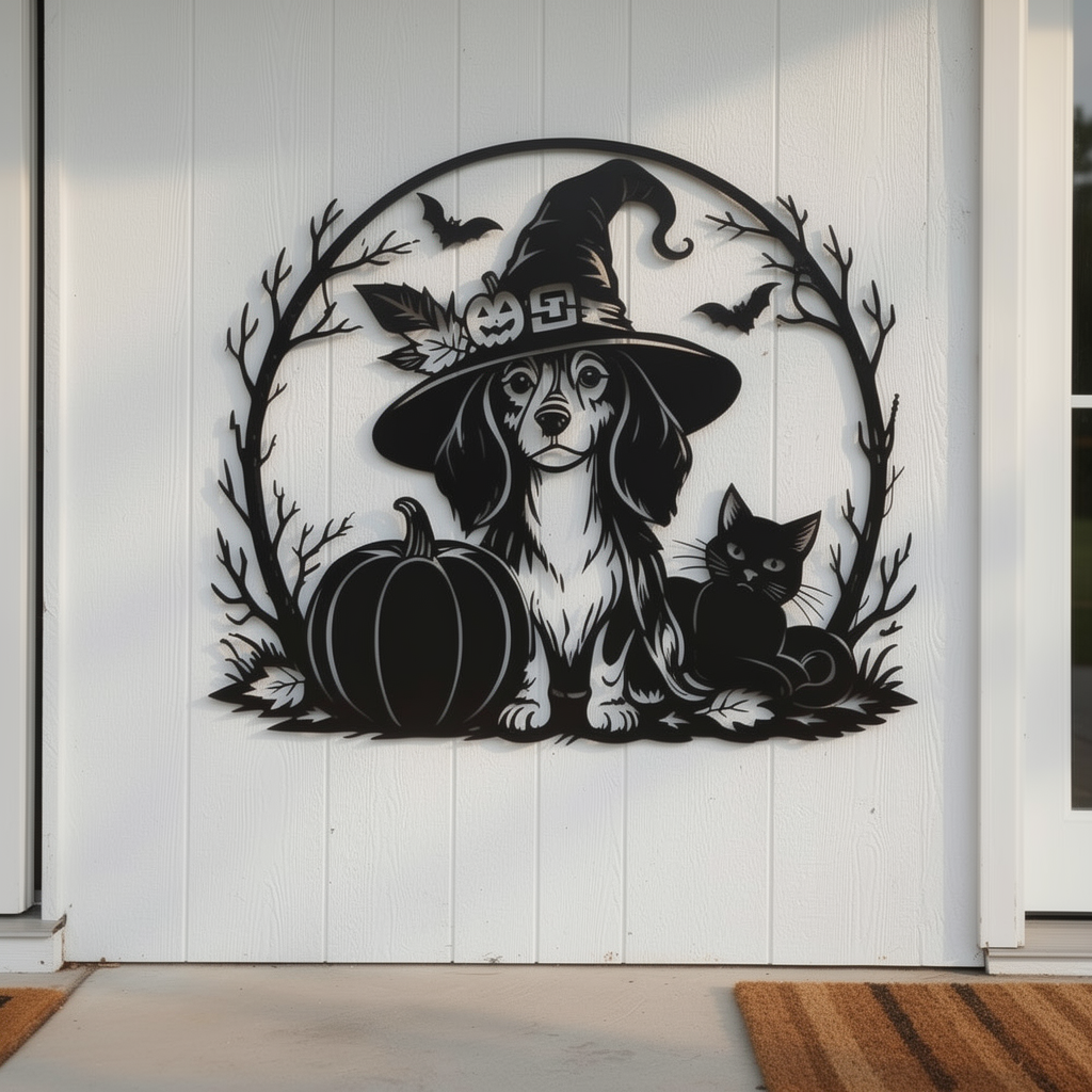 Halloween Metallschild mit Hexe, Hund, schwarzer Katze und Kürbis aus schwarzem Stahl – Bild 3