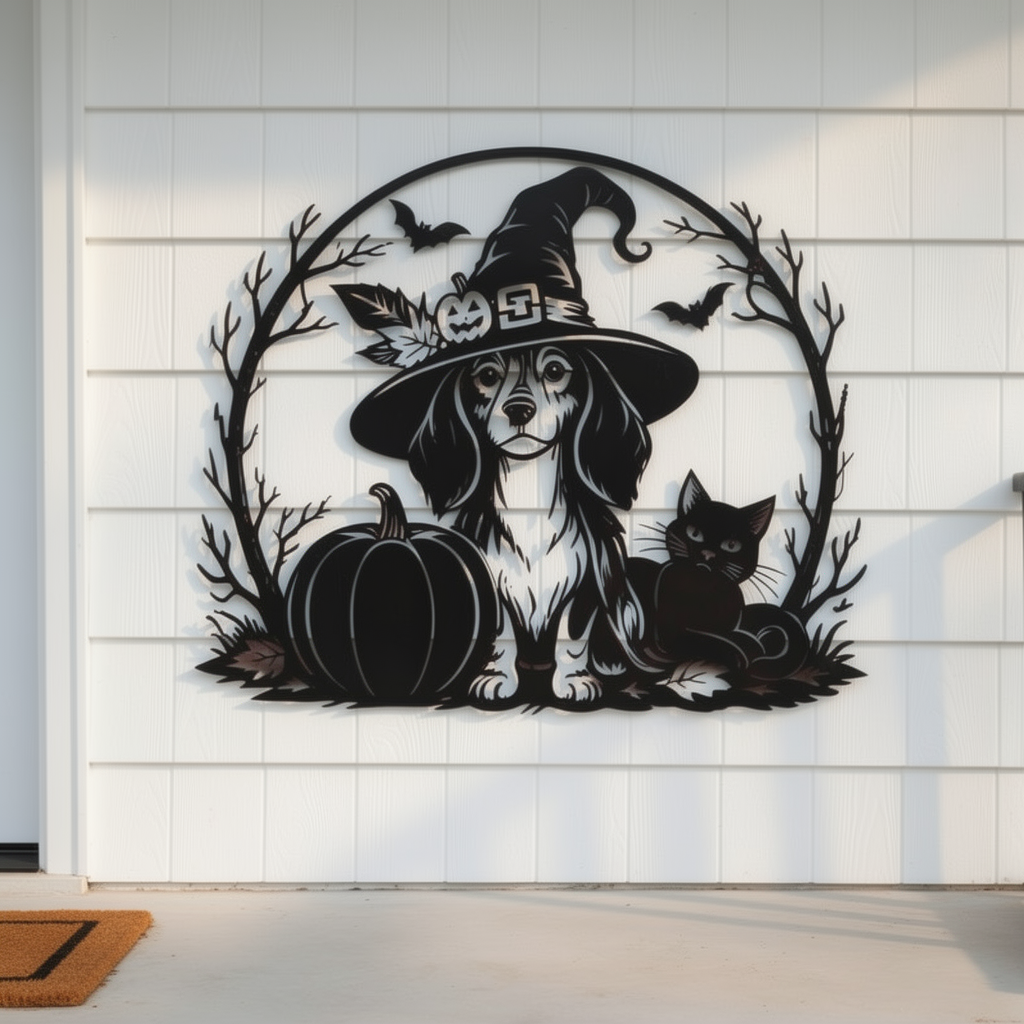 Halloween Hexe mit Hund, schwarzer Katze und Kürbis Metall Wanddeko – Bild 4