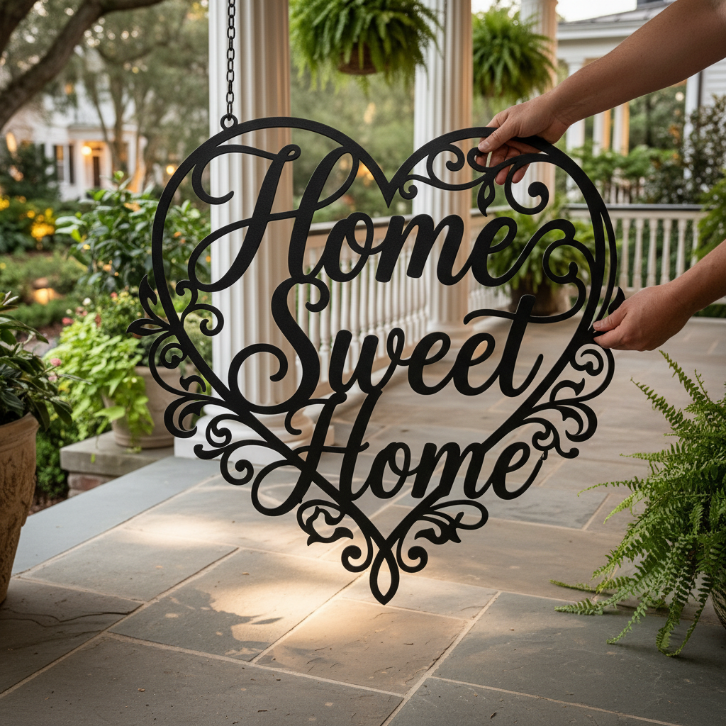 Heart-shaped Home Sweet Home metal wall art in black steel