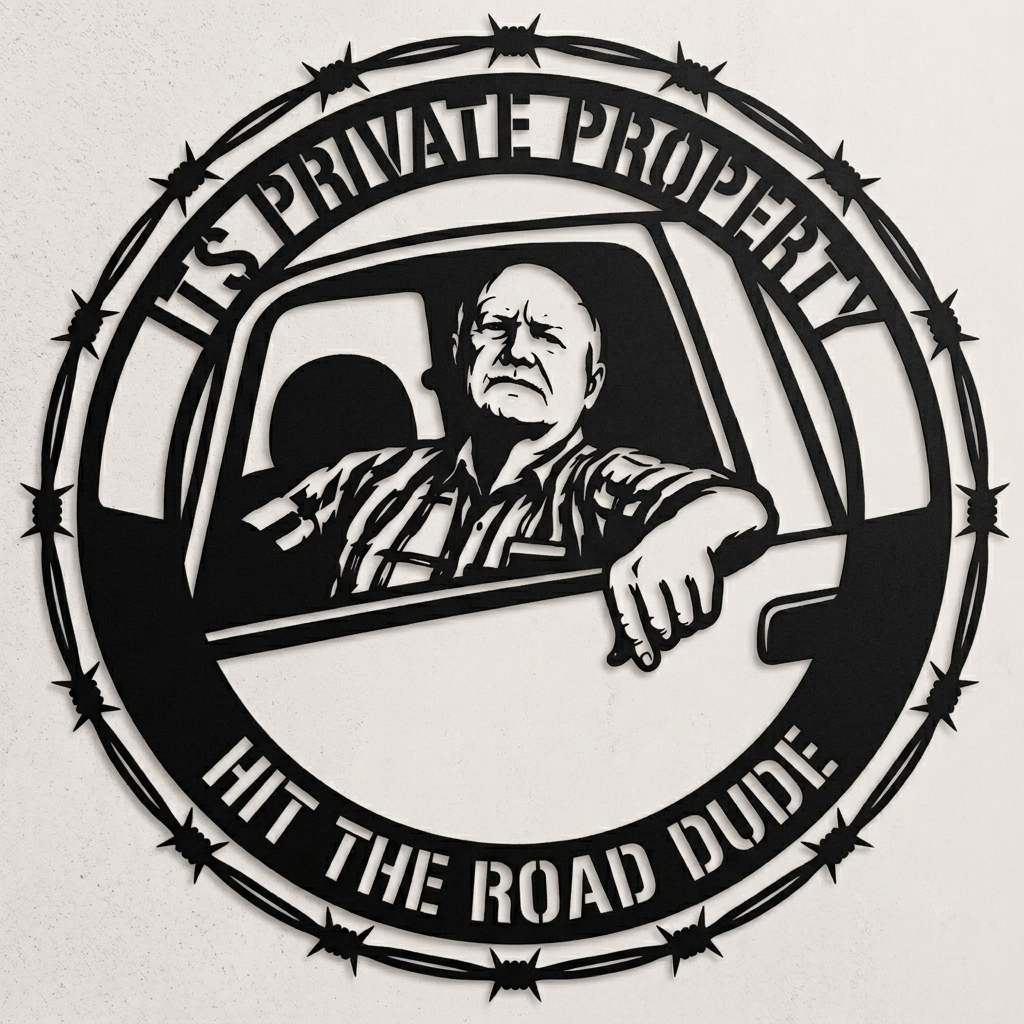 Round barbed wire private property sign Hit the Road, Dude in black steel – image 2