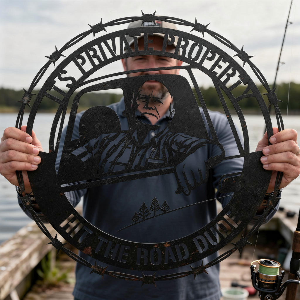 Round barbed wire private property sign Hit the Road, Dude in black steel – image 4