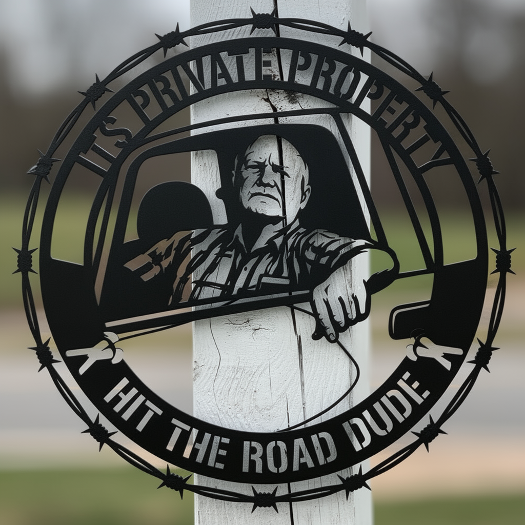 Round barbed wire private property sign Hit the Road, Dude in black steel – image 5