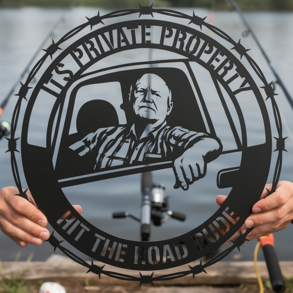 Round barbed wire private property sign Hit the Road, Dude in black steel – image 6