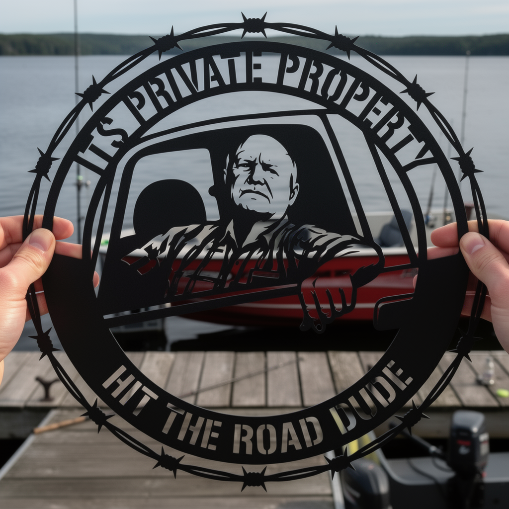Round barbed wire private property sign Hit the Road, Dude in black steel – image 7