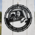Round barbed wire private property sign Hit the Road, Dude in black steel