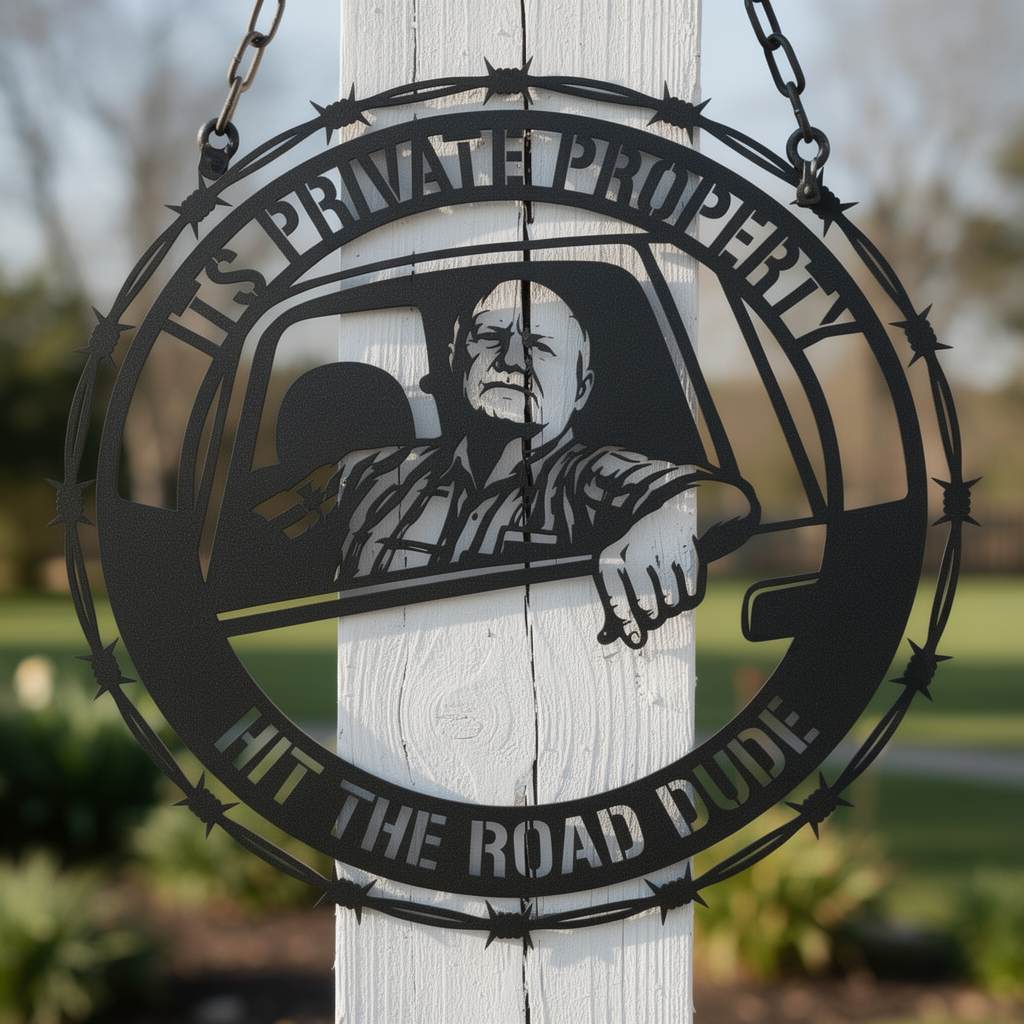 Round barbed wire private property sign Hit the Road, Dude in black steel – image 8
