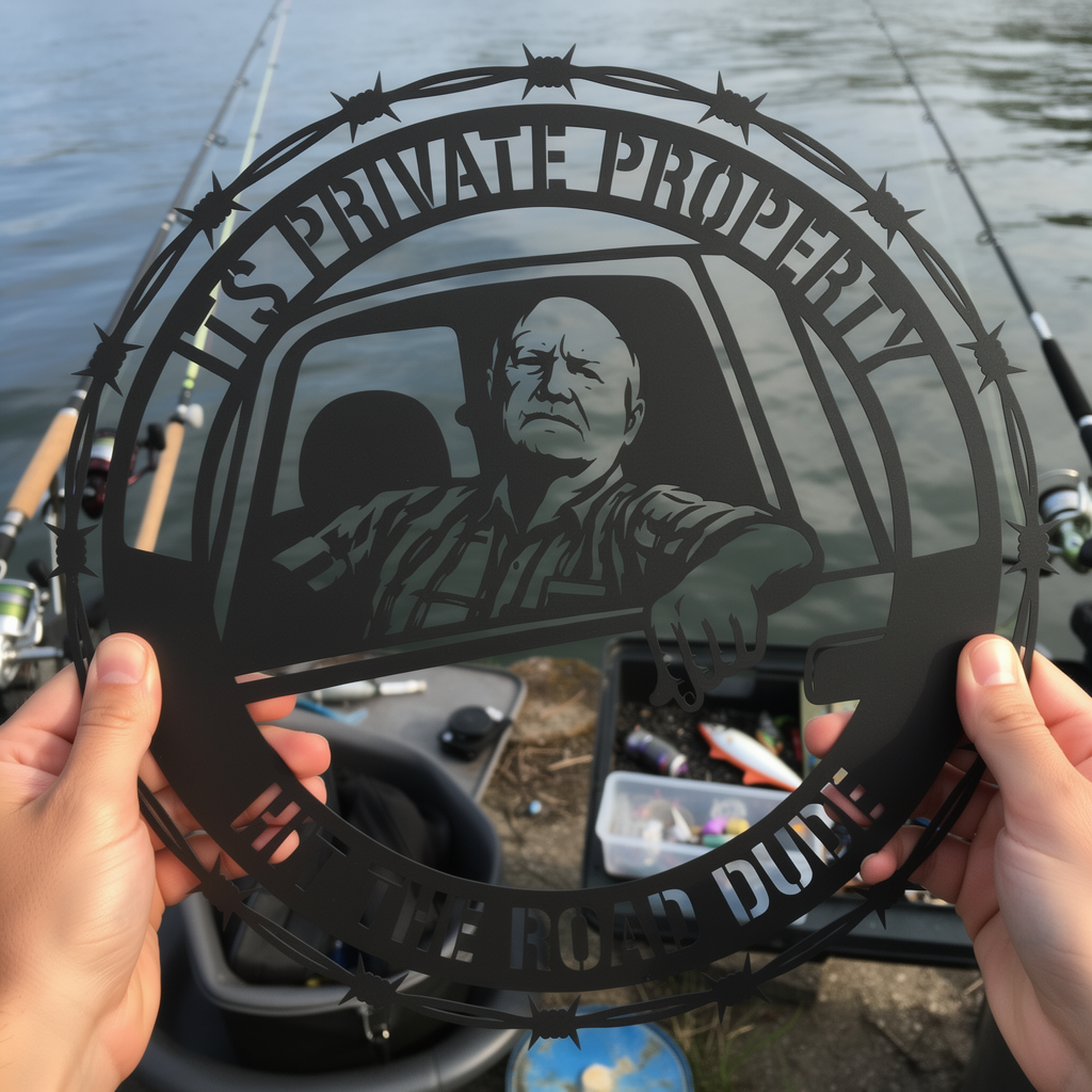 Round barbed wire private property sign Hit the Road, Dude in black steel – image 9