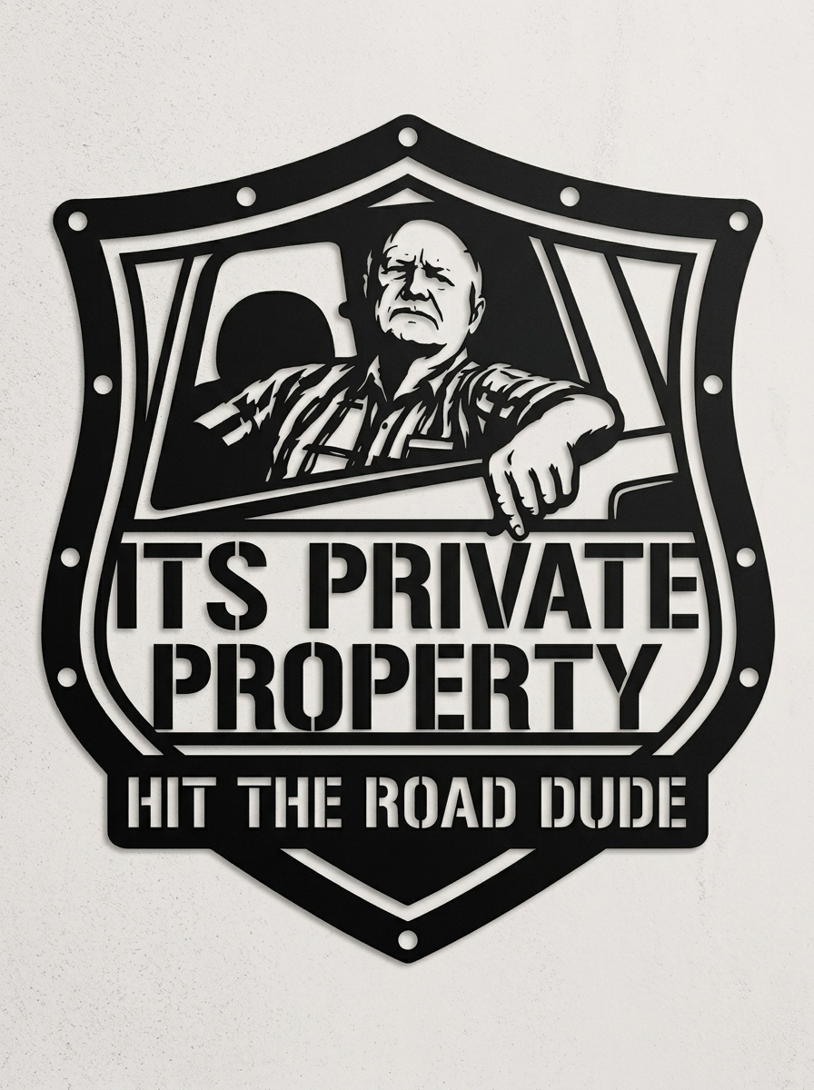 Shield-shaped private property metal sign Hit the Road, Dude in black steel – image 2