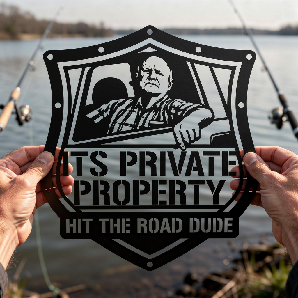 Shield-shaped private property metal sign Hit the Road, Dude in black steel – image 10