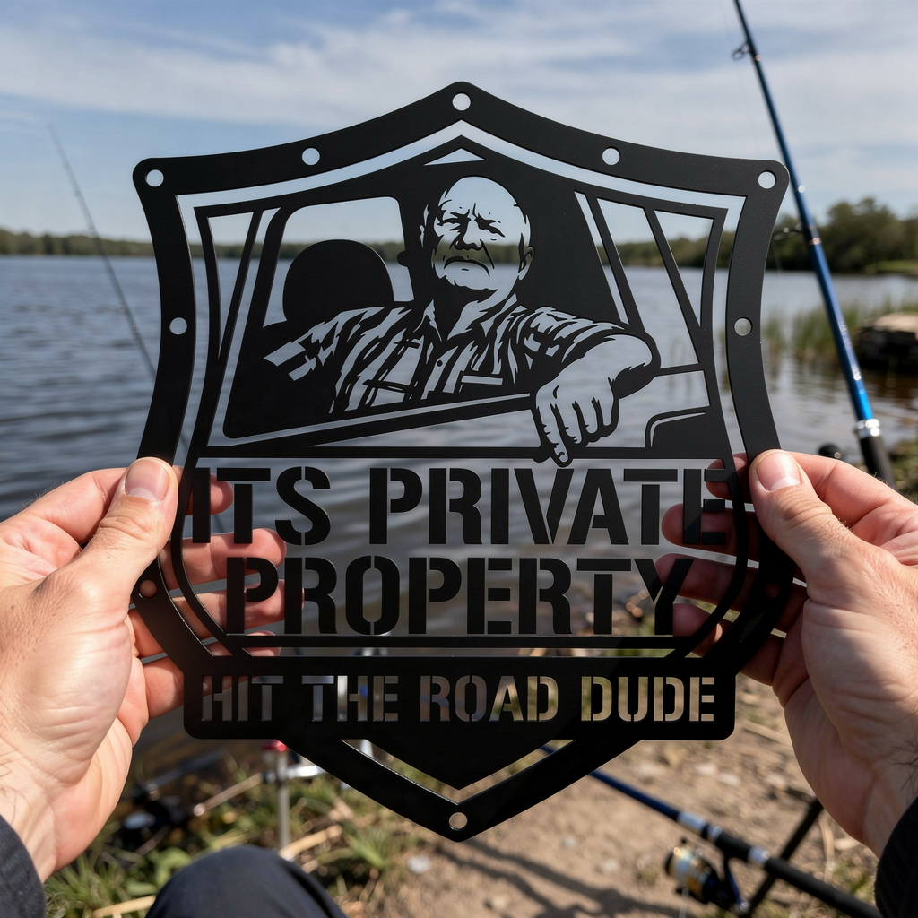Shield-shaped private property metal sign Hit the Road, Dude in black steel – image 11