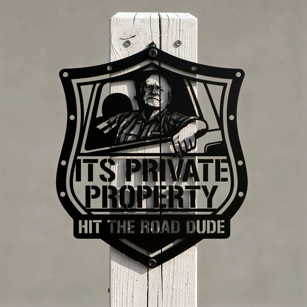 Shield-shaped private property metal sign Hit the Road, Dude in black steel – image 3