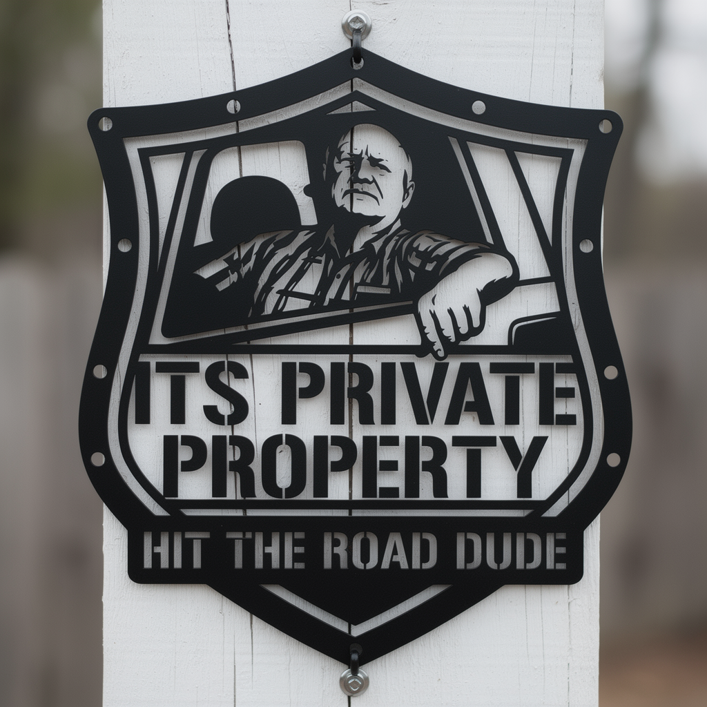 Shield-shaped private property metal sign Hit the Road, Dude in black steel – image 6