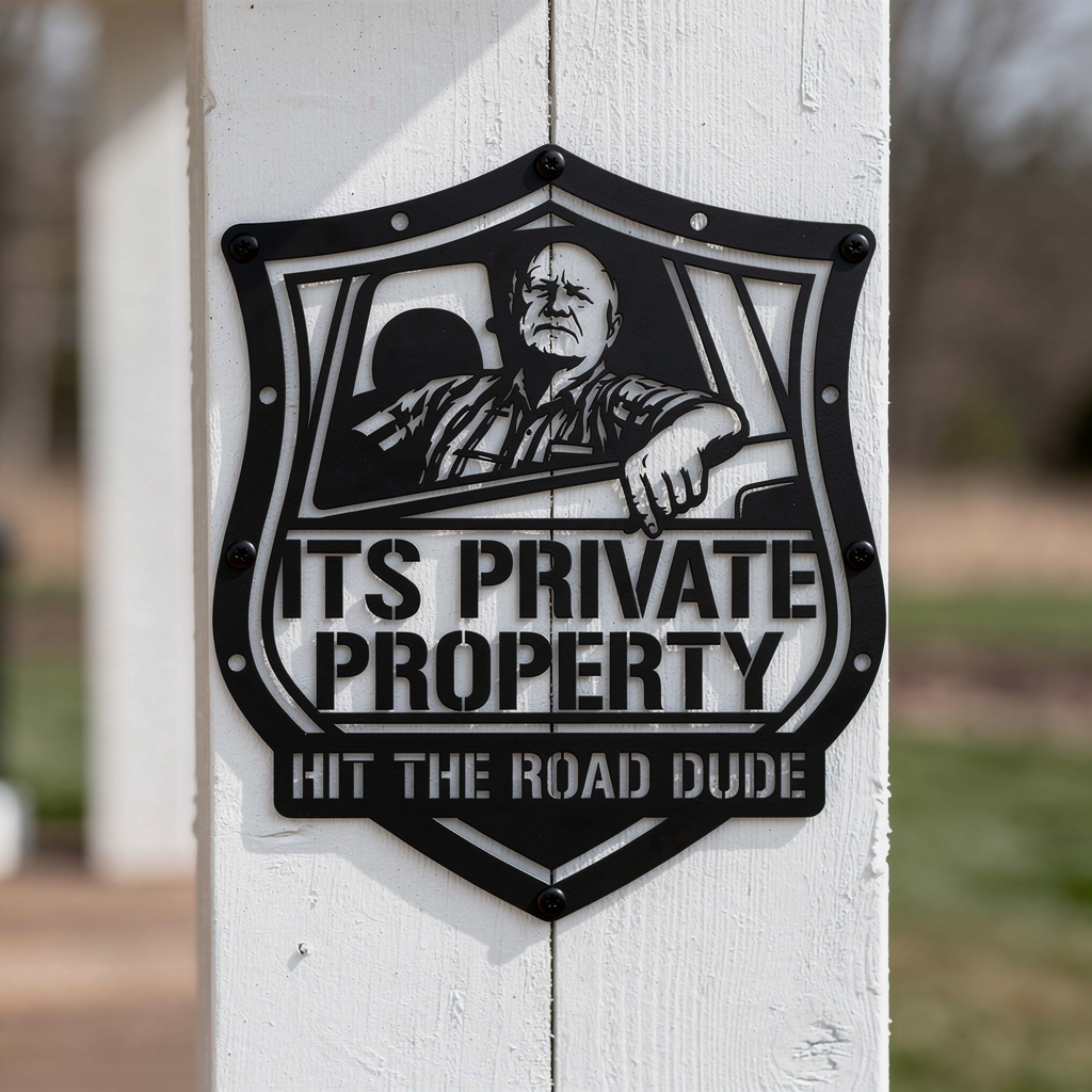 Shield-shaped private property metal sign Hit the Road, Dude in black steel – image 7