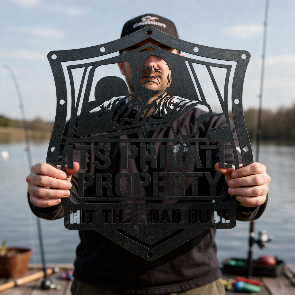 Shield-shaped private property metal sign Hit the Road, Dude in black steel – image 8