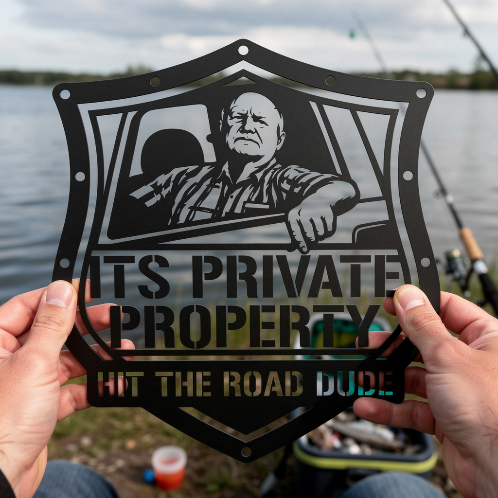 Shield-shaped private property metal sign Hit the Road, Dude in black steel – image 9