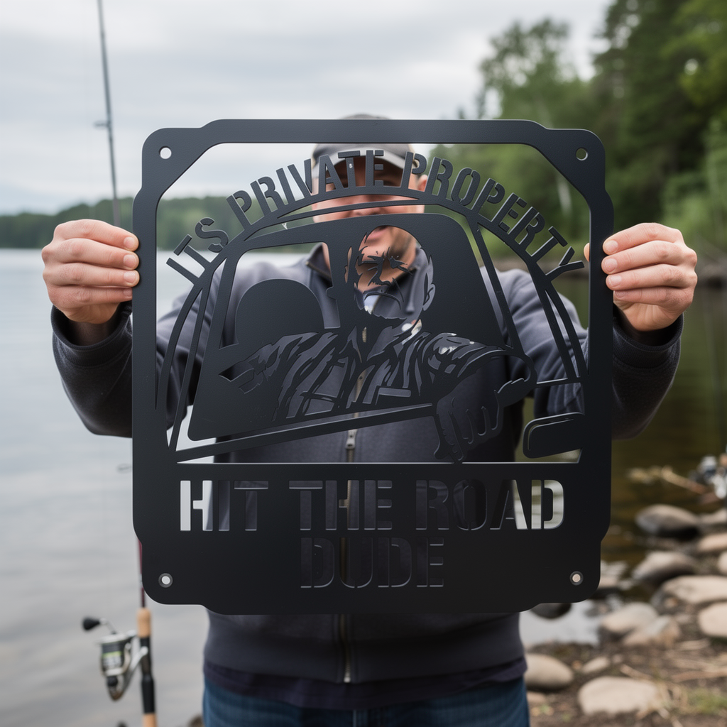 Square private property metal sign Hit the Road, Dude in black steel – image 10