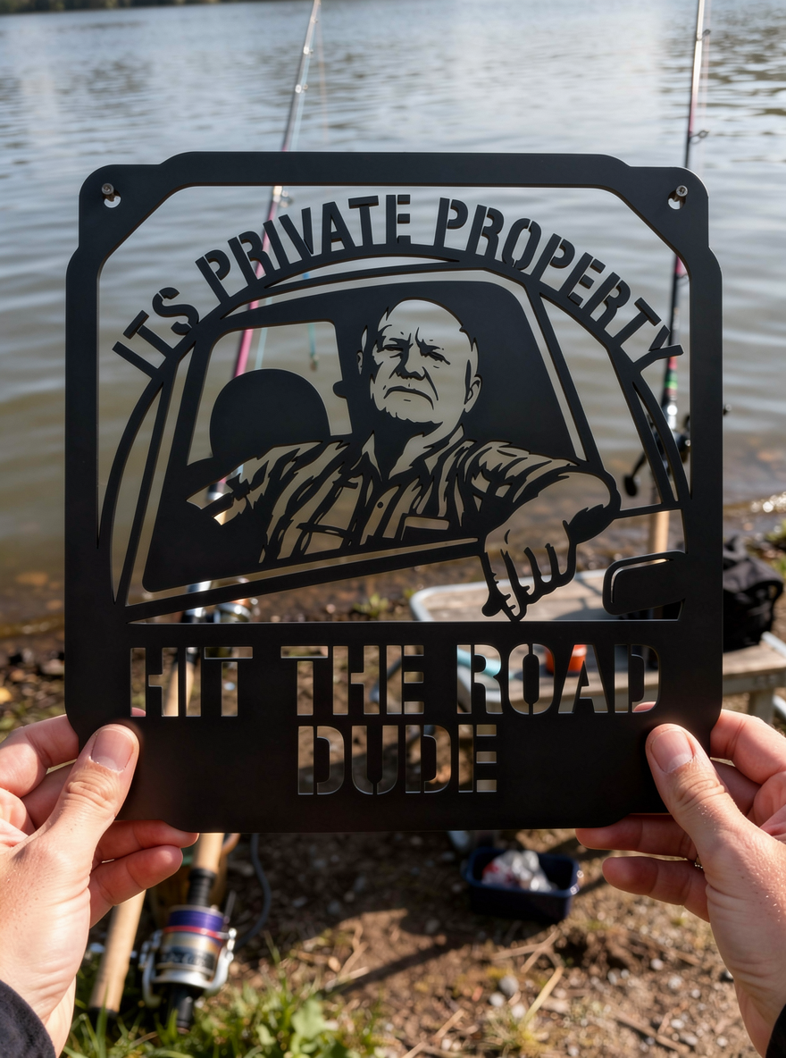 Square private property metal sign Hit the Road, Dude in black steel – image 11