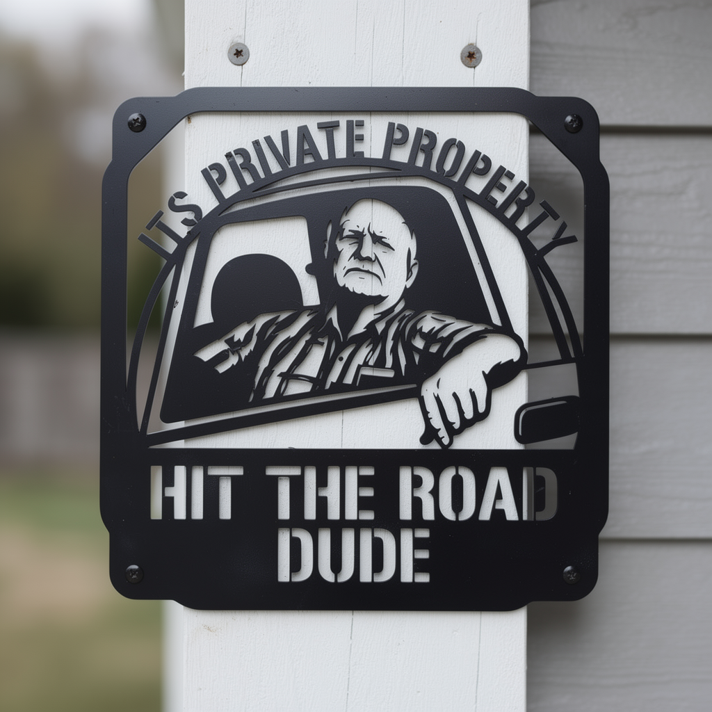 Square private property metal sign Hit the Road, Dude in black steel – image 5