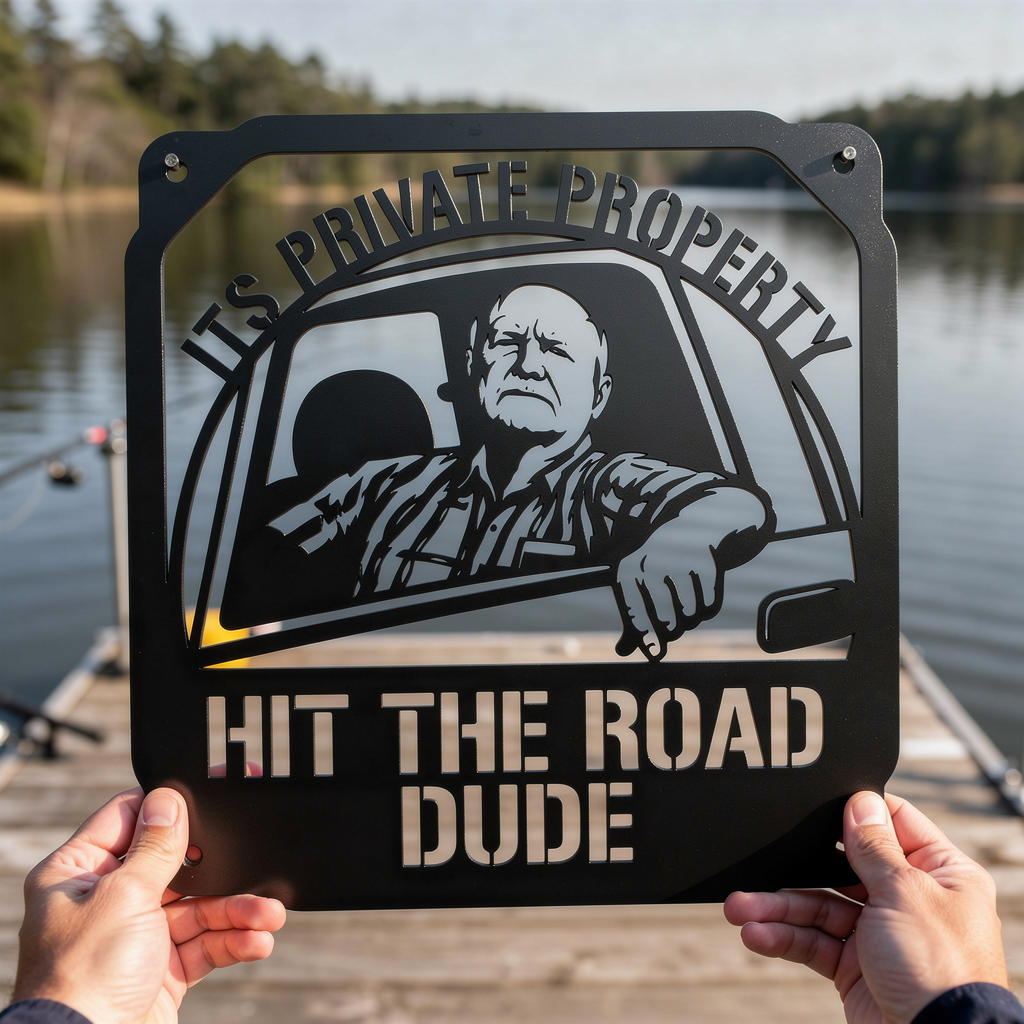 Square private property metal sign Hit the Road, Dude in black steel – image 6